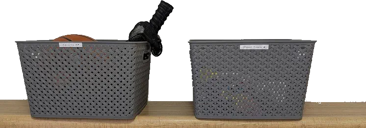 Baskets with Sports Equipment and Pool Toys